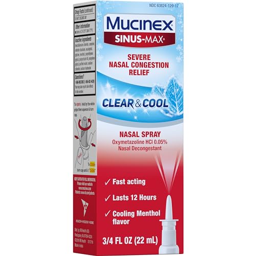 MUCINEX SINUS-MAX NASAL SPRAY DECONGESTANT, 12 HOUR OVER-THE-COUNTER MEDICATION NOSE SPRAY FOR SINUS RELIEF, NASAL DECONGESTANTS FOR ADULTS, COOLING MENTHOL, 0.75 FL OZ (PACK OF 3)