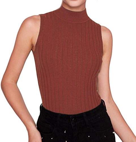 WOCACHI Women Blouse Sleeveless Elegant High Neck Tank Tops Ribbed Knit Casual Vest