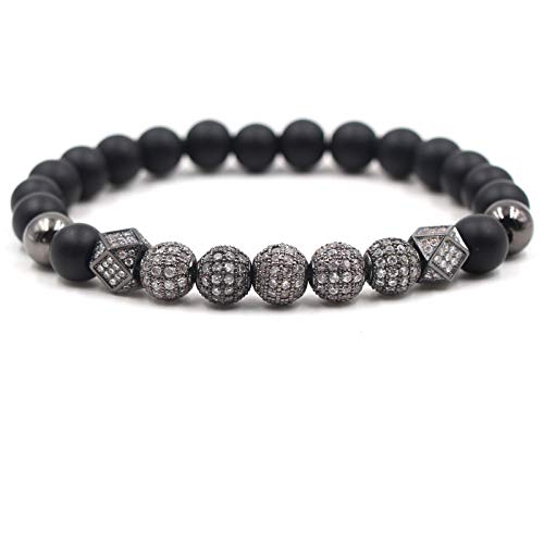 SEVENSTONE 2PCS Black Matte Onyx Prayer Beads Bracelet for Men Women Elastic Natural Stone Black 8MM
