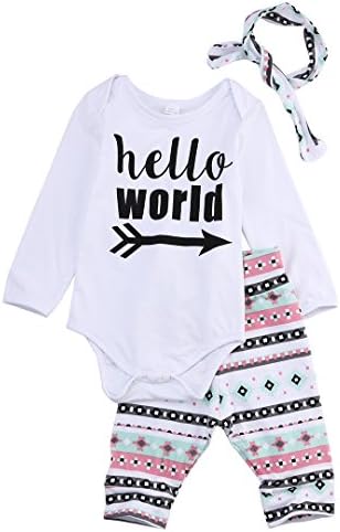 3PCS Infant baby girl boy HELLO WORLD Print Romper Pants Headband Outfit Clothes Set (6-12Months)