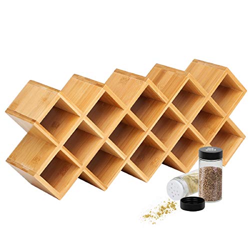 18 Jar Bamboo Spice Rack Organizer - Countertop Spice Shelf Storage For Kitchen Cabinet