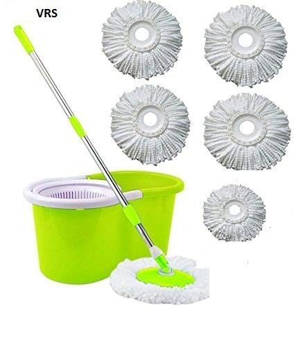 VRS Microfiber Magic Spin Mop Double Drive Hand Pressure Bucket with 5 Head Household Floor Cleaning and Soap Dispenser (Colour May Vary)