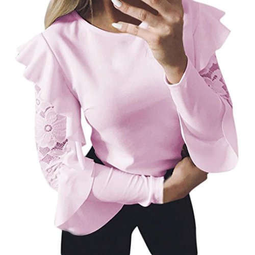 iTLOTL Women's Solid Long Sleeve Lace Stitching O-Neck T-Shirt Pullover Tops Blouse(US:14/CN:XL, PinkÂ )