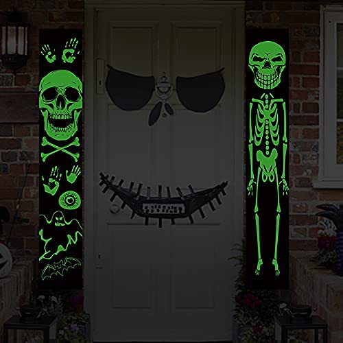 2021 Luminous Halloween Porch Sign for Frontdoor Window Deocration Thrilling Banner with Glowing Green Skeleton at Night Add Terrorist Atmosphere Party Yard Sign 11.8X70.8 Inch