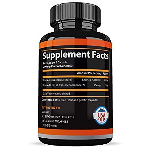 Vitamin K2 with D3 5000 IU Supplement - Vitamin D and K Complex - Bone and Heart Health Vitamin D3 K2 MK7 Formula - 5000 IU Vitamin D3 & 90 MCG Vitamin K2 MK-7-60 Veggie K2 D3 Vitamin Capsules