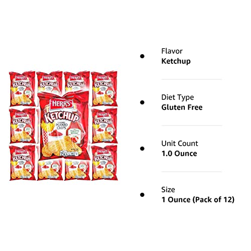HERR'S Ketchup Flavor Potato Chips, 1oz Bag (Pack of 12, Total of 12 Oz