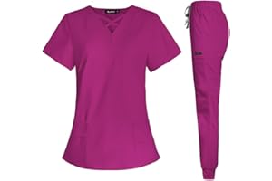 VIAOLI Scrubs for Women Set Modern V-Neck Top & 8 Pocket Jogger Pants Athletic Nursing Uniform Solid Stretch Workwear