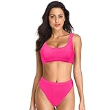 Dixperfect Two Pieces Bikini Sets Swimsuit Sports Style Low Scoop Crop Top High Waisted High Cut Cheeky Bottom (S, Barbie Pink)