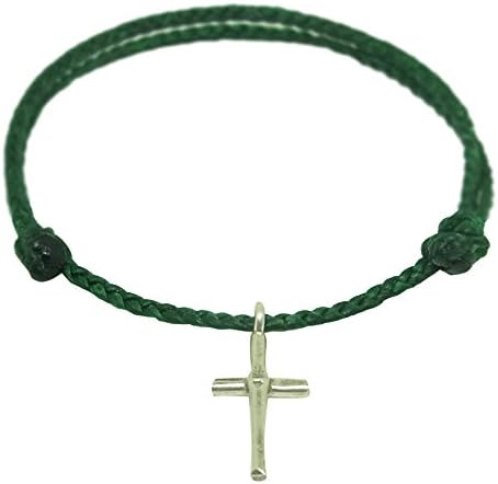NA RIN Handmade Silver Bracelet Men Women Pendant Cross Prayer Religion Green Waxed String