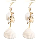 Natural Seashell Sea Conch Drop Earrings White Shell Faux Pearl Long Tassel Dangle Earrings Beach Holiday Earrings for Women Girls