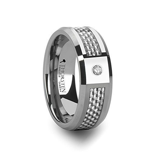 Thorsten Royce Tungsten Carbide Contemporary Metal Wedding Band Ring with Single Diamond and Carbon Fiber Inlay 8mm Wide by from Roy Rose Jewelry