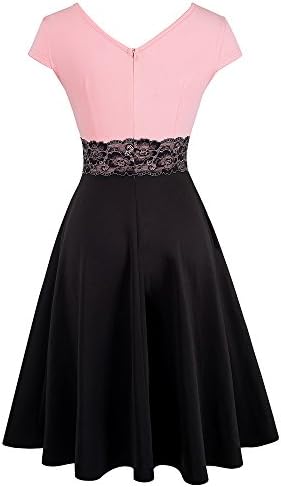 WEIJIE Women's Vintage Lace Waist Short Sleeve V Neck Cocktail Formal Swing Dress