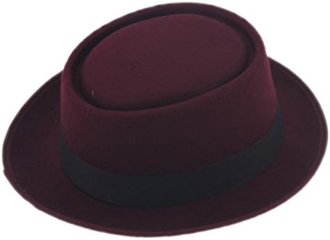 ZHENXIA Vintage Hard Felt Wool Pork Pie Hat Flat Top Rocker Bowler Cap (Wine)