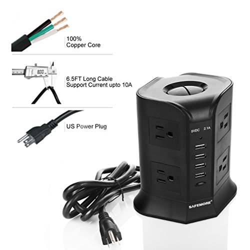 SAFEMORE Smart Power Plug Surge Protector Power Strip Tower 8-Outlet 4-USB Desktop Charging Station Multiple Plug Outlets with 6.5ft/2M Long Power Cord 110V Outlet Tower (Black)