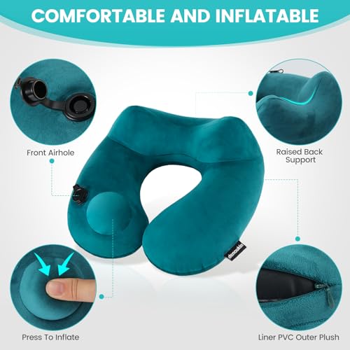 denoukin Inflatable Neck Pillow for Travel with Built-in Pump, Ergonomic Contour Support, Soft Plush Cover & Carry Pouch, Compact for Airplane, Car, Train Sleeping, Lake Blue