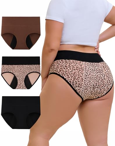 Innersy Periodenunterwäsche Starke Blutung Große Größen Periodenslip Menstruation Slip 3Er Pack (Xl, Schwarz/Leopard/Kaffee)