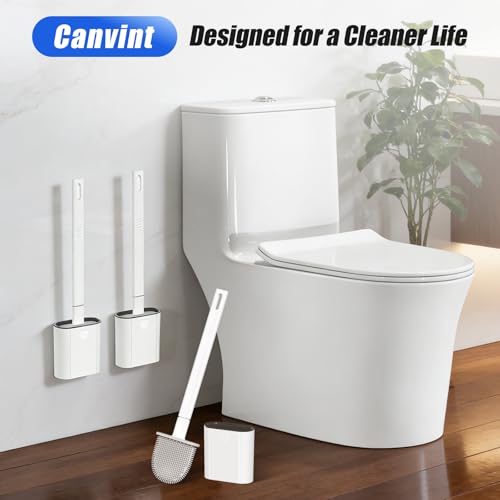 Toilet Brush, 2 Pack Bathroom Silicone Toilet Brushes and Holder Sets with No-Slip Long Plastic Handle and Soft Flexible Bristles, Toilet Brushes with holders and Base for Anti-drip (White)
