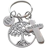 Tree and Blessed Cross Charm Keychain with a Love Faith Hope Disc Charm, Religious Teacher, Neighbor or Volunteer Keychain