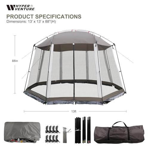 HYPER VENTURE Screen House 13x13 Feet Octagonal Mesh Canopy Camping Gazebo Shelter Tent for 8-10 People Outdoor Party Activities, Grey …