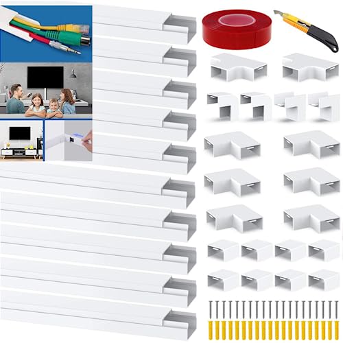 OWSDAQE Canaletas para Cables Pared con 20 Conectores, 10× 20× 400mm Cubre Cables Pared, con 4M de Cinta de Doble Cara y 20 Tornillos de expansión y cortatubos de PVC
