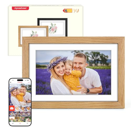 Digital Photo Frame WiFi Oak Wood Frame, Frameo Digital Picture Frame 10.1 Inch, 32GB Memory, 1280 * 800 HD IPS Touchscreen, Auto-Rotate, Share Photos Videos via Frameo APP, Gifts for Women/Men