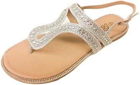 Bella Luna Amber-04 Silver 8.5 Women Rhinestone Bejeweled Flat Sandal ~ T-Strap Thong Slide On ~ Slingback Ankle Strap Wedding Bridesmaid ~ RUNS ONE SIZE SMALL~