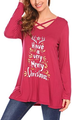 Yitrend Women V-Neck Criss Cross Long Sleeve Print Casual Loose T-Shirt Top