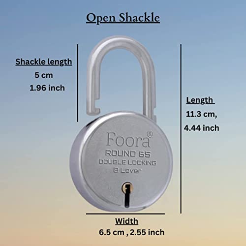 Foora Lock and Keys, Door Lock for Home, Round 65mm Padlock Pack of 2 with 5 Keys Each, 8 Lever Heavy Duty Double Locking System for Gate, Shutter, Main Door, Silver Finish. 2