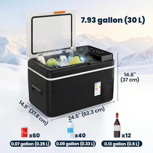 Outsunny 12 Volt Car Refrigerator, 32QT Car Fridge with App Control, 12/24V DC and 100-240V AC, -4℉-68℉, Portable Electric Freezer Compressor Cooler for Truck SUV Travel Camping
