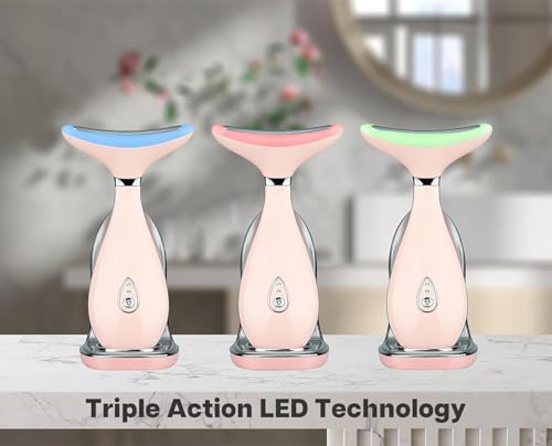 VRAIKO LILY Neck Face Massager, Face Sculpting tool, Skin Rejuvenation Device with Thermal, Triple Action LED and Vibration, for Anti-aging, Lifting and Tightening Sagging Skin (Pink)