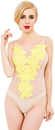 ZHDC® Sexy Lingerie, Europe And The United States XL Fun Underwear Sexy Lace Siamese Tights Transparent Net Yarn Female Three-point Style Seductive underwear ( Color : Yellow , Size : XL )