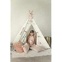 Inspired by Jewel - Kids Teepee Tent Indoor Playhouse with Unicorn Embroidery, Pine Poles, Playmat & Curtain Window | Great for Children, Toddlers & Babies | Cotton Canvas Tent with Rainbow Playmat