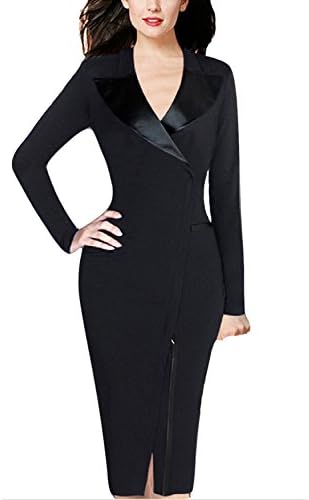 YEEZ Women's Elegant Front Zipper Long Sleeves Slim Business Pencil Dress Black,Small