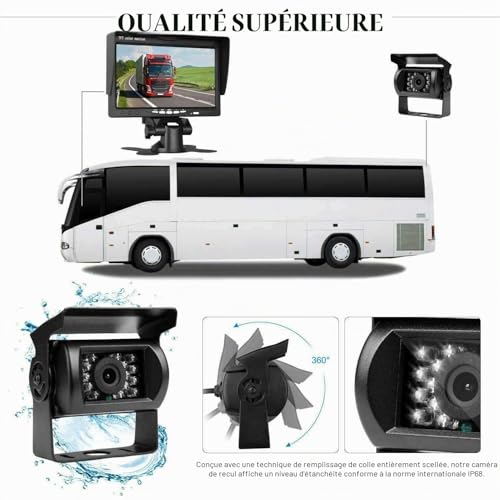 12V-24V 18 IR LEDs Night Vision Waterproof Rear View Camera with 49ft 4 Pin Aviation Extension Cable + 7 Inch Colour TFT LCD HD Screen Vehicle Monitor for Car Bus RV Truck Trailer