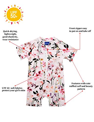 Cadocado Toddler Girl One Piece Zip Front Sunsuits UPF 50+ Sun Protection Rash Guard Beach Bathing Suit,Flower Print,6-9 Month