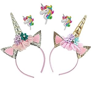 DRESHOW Unicornio Diadema de Oro Brillante Unicornio Cumpleaños Rose Diadema de Flores para Niñas Adultos Disfraz de Cosplay, Fiesta de Navidad