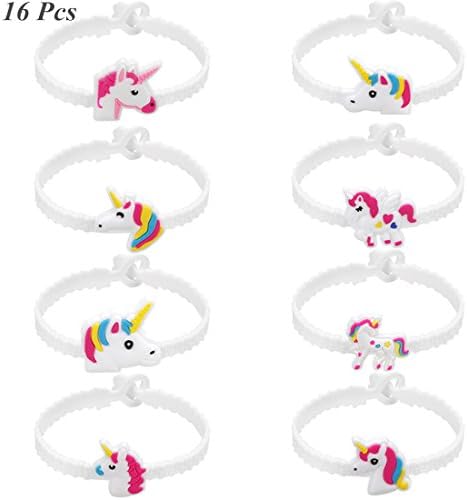 Unicorn Birthday Party Favors Supplies for Kids Girls, Rainbow Unicorn Bracelets Wristband for Birthday Party Bag Fillers, Pinata, Carnival Prizes or School Classroom Rewards Box 16Pcs