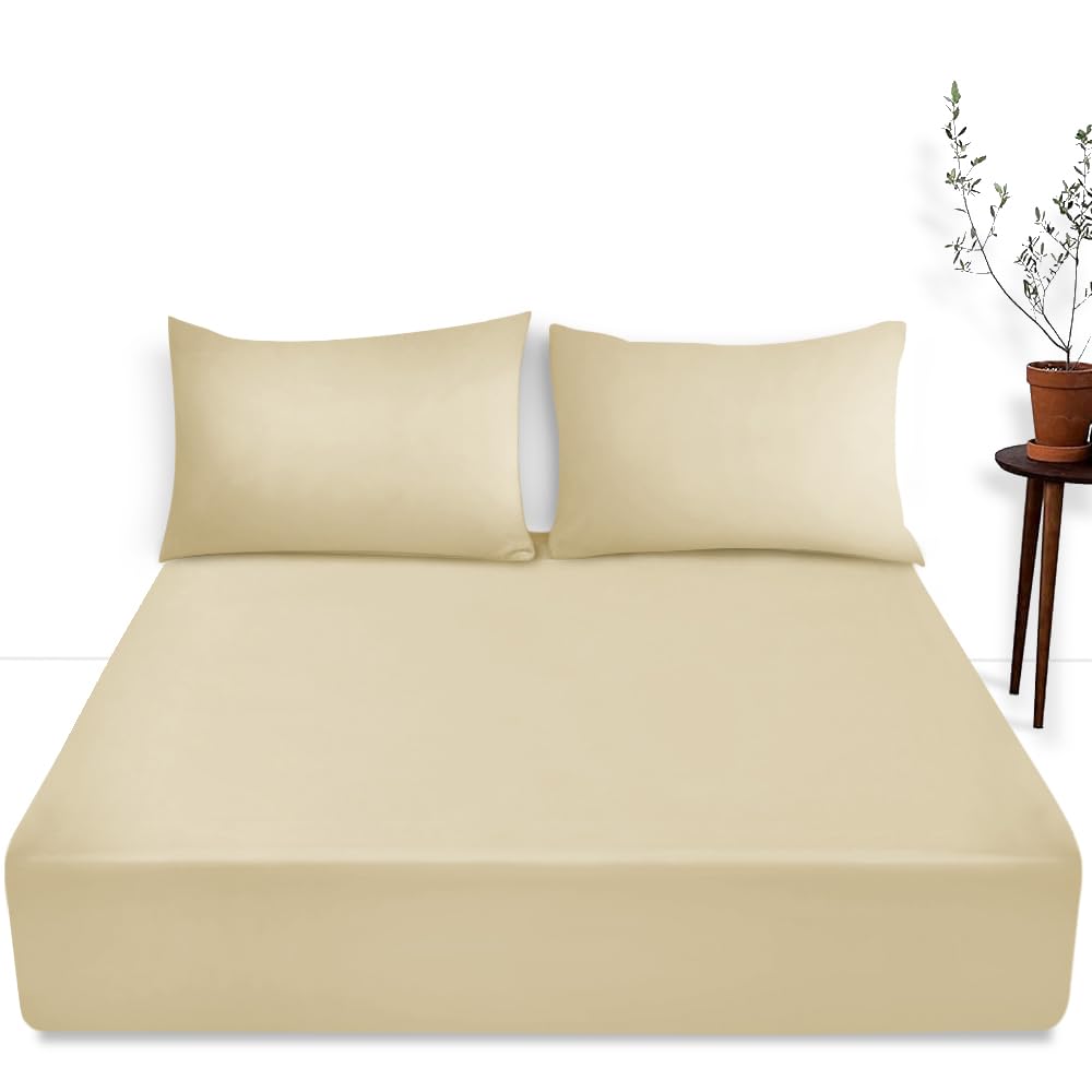 Extra Deep Fitted Sheets Super King - 16"/ 40 CM Plain Dyed Polycotton Deep Pocket Bed Sheet - Elastic Corner Cream Bedding Sheet