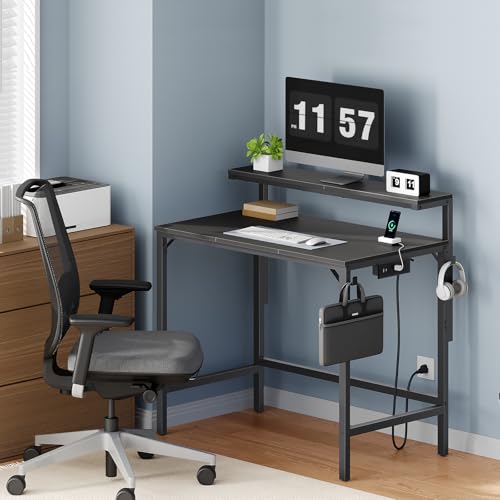 HOOBRO Computer Desk, 72 cm Small Desk for Small Spaces, Home Office Desk with Power Outlet & Adjustable Monitor Stand, Compact Desk with Storage, Writing Table for Bedroom, Office, Black BB38UDN01