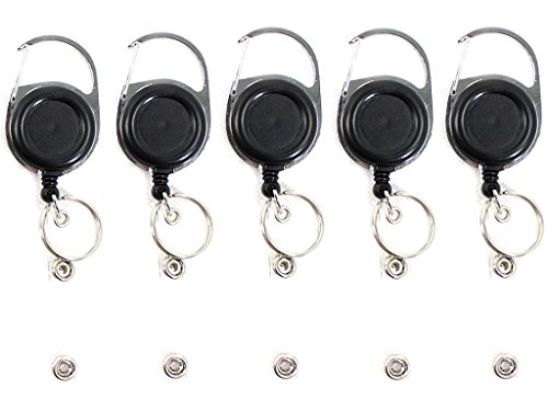 Aimtech Retractable ID Badge Holder, Premium Zinc Alloy Metal Carabiner Badge Key Reel ,Tough Polycarbonate Case(Black)-Pack of 5