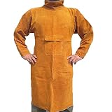 Jewboer Durable Leather Welding Jacket Long Heavy Duty Welding Clothes Coat Anti-scald Flame Resistant Welding Apron with Neck Sleeves for TIG Welding 40.5" Lengths