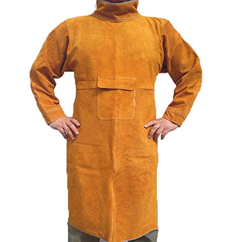 Jewboer Durable Leather Welding Jacket Long Heavy Duty Welding Clothes Coat Anti-scald Flame Resistant Welding Apron with Neck Sleeves for TIG Welding 40.5" Lengths