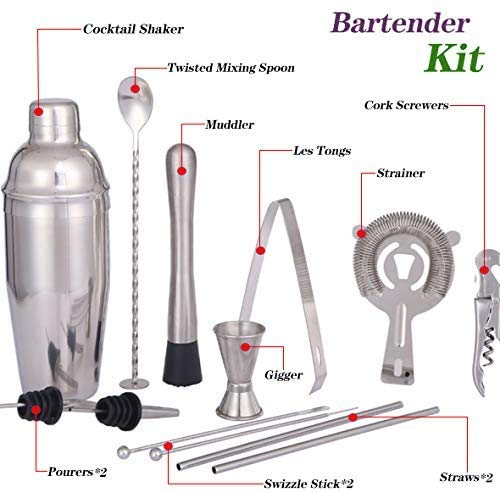 Cocktail-Shaker-Set, 14-teilig, Bar-Set, Edelstahl, Mixer-Set, Barkeeper, Werkzeuge mit Bambus-Ständer, Bartending-Set… – Bild 8