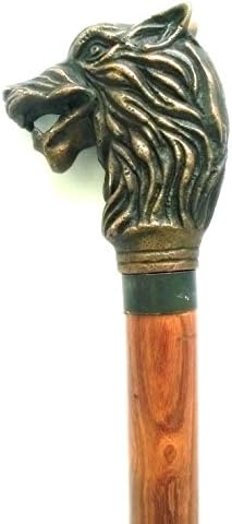 Walking Stick Cane w/ Wolf Face Handle &amp; Brass Accents Dress Cane Halloween Prop