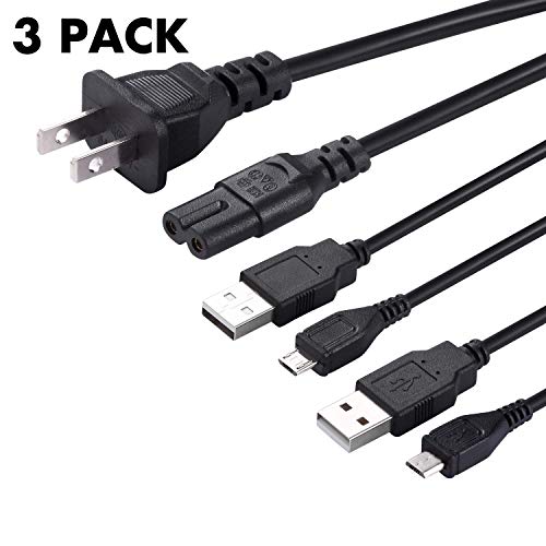 PS4 Controller Charging Cable Set, 2 Pcs Charge & Sync Cords, 10 ft Plug & Play Micro USB Cables for Playstation 4 DualShock 4 Controllers with 6 ft 2-Prong AC Power Cord for Sony PS4 / PS4 Slim