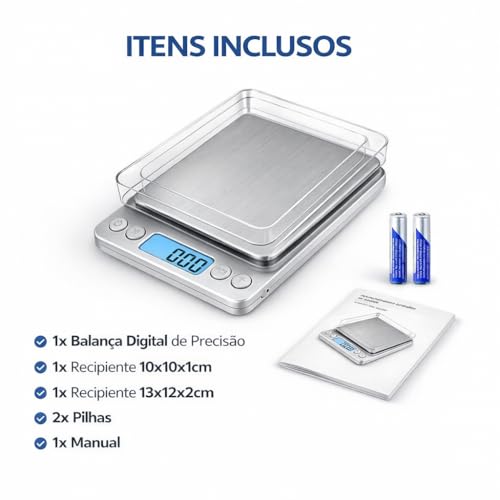 Balança Digital de Precisão 0,1g a 2kg para Cozinha e Jóias, Visor LCD Iluminado, 9 Unidades, Função Tara e Contagem de Peças, 2 Bandejas, Portáil Desligamento Automático