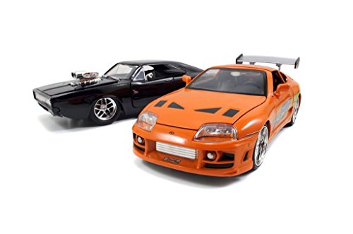 Jada Toys Fast & Furious 1:24 Twin Pack - '70 Dodge Charger Street Toyota Supra, Black/Orange