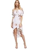 WDIRA Women's Frill Trim Floral Puff Sleeve High Low Off The Shoulder Casual Split Long Beach Dress