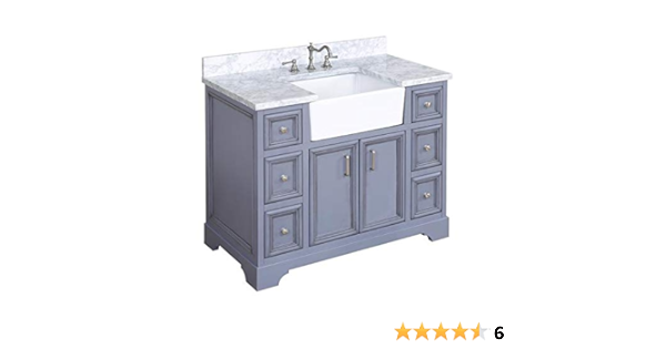 Amazon Com Zelda 42 Inch Bathroom Vanity Carrara Powder Gray Includes Powder Gray Cabinet With Authentic Italian Carrara Marble Countertop And White Ceramic Farmhouse Apron Sink Kitchen Dining