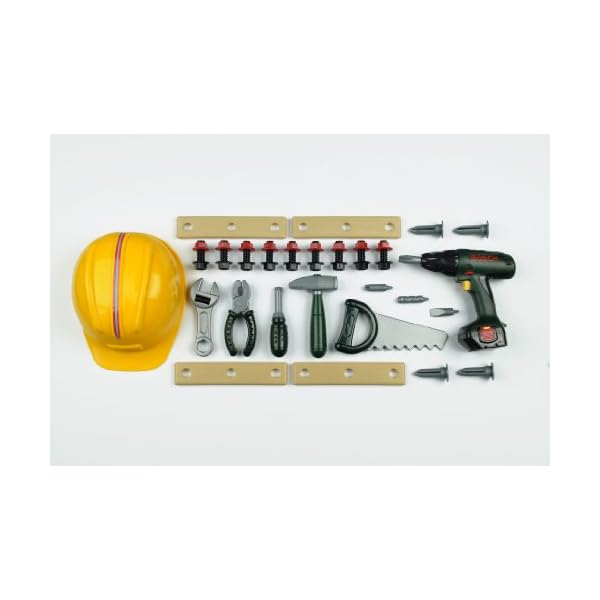 Theo Klein 8418 Bosch Handwerker-Set, 37-teilig I Kinder-Akkuschrauber mit Licht & Sound I Werkzeug und Werkbank- Zubehör wie Hammer, Säge, Bauarbeiter-Helm u.v.m. I Spielzeug für Kinder ab 3 Jahren – Bild 3